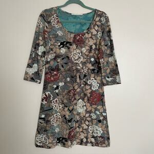 Peruvian Connection Dress Stretch 3/4 Sleeve Bird Floral Print Brown S